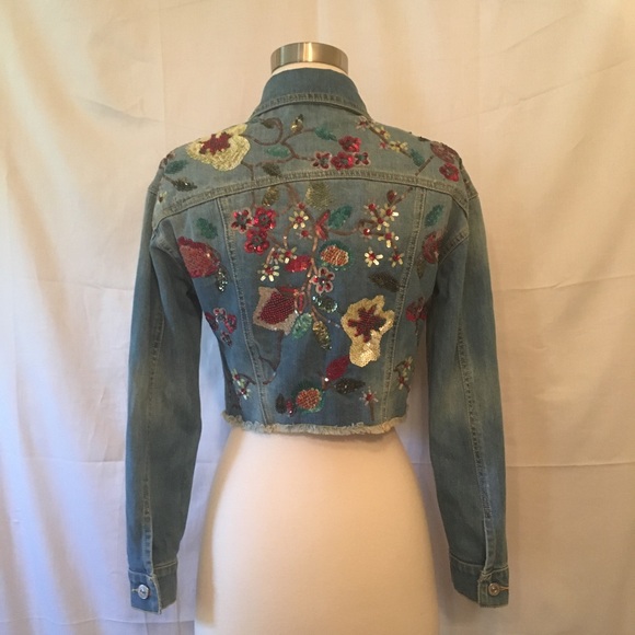 Zara Floral Sequin Cropped Denim Jean Jacket XS - Picture 4 of 8